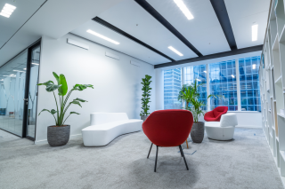 Espace de réception de bureau avec des éléments de sièges organiques, des chaises rouges et de grandes plantes